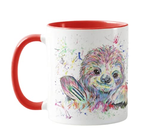 Tasse mit Faultier-Motiv, Aquarellfarben, Regenbogenfarben, Geschenk, Geburtstag, Arbeit, Büro, Weihnachten, Tee, Kaffee (rot) von Vixar