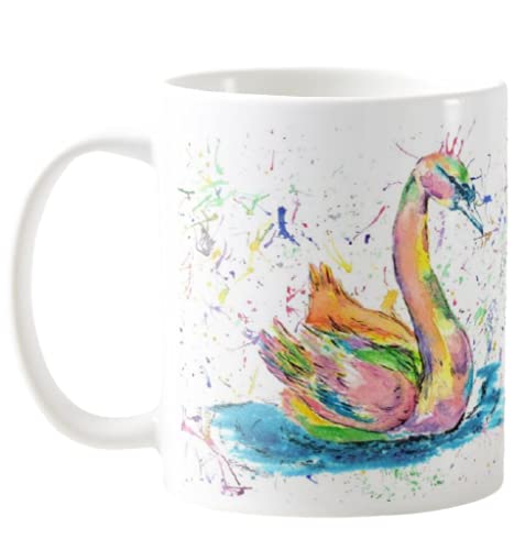 Tasse mit Schwanen-Wasserfarben-Regenbogen-Kunst, Geschenk, Geburtstag, Arbeit, Büro, Weihnachten, Tee, Kaffee (weiß) von Vixar