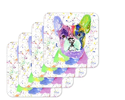 Untersetzer Französische Bulldogge Frenchie Hund Haustier Tiere Untersetzer Aquarell Kunst Geschenk Arbeit Büro Essen Tee Kaffee (4) von Vixar