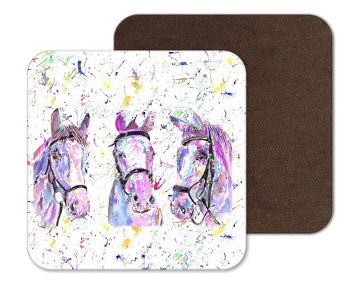 Untersetzer Pferd 3 Pferde rosa Bauernhoftiere Untersetzer Aquarell Kunst Geschenk Arbeit Büro Essen Tee Kaffee (1) von Vixar