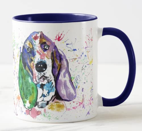 Vixar Basset Hound Jagd Hund Haustier Aquarell Regenbogen Kunst Farbige Tasse Tasse Geschenk Geburtstag Arbeit Büro Weihnachten Tee Kaffee (Navy) von Vixar