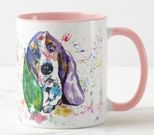 Vixar Basset Hound Jagd Hund Haustier Aquarell Regenbogen Kunst Farbige Tasse Tasse Geschenk Geburtstag Arbeit Büro Weihnachten Tee Kaffee (Rosa) von Vixar