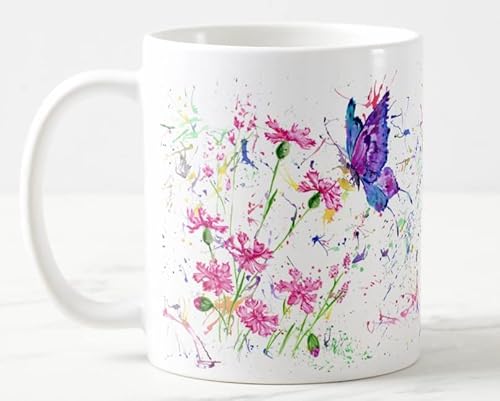 Vixar Blume, Schmetterling, Aquarellkunst, farbige Tasse, Geschenk, Geburtstag, Arbeit, Büro, Weihnachten, Tee, Kaffee (weiß) von Vixar