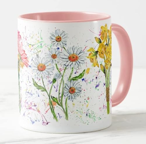 Vixar Blume Blumen Gänseblümchen Sonnenblume Gerbera Narzisse Aquarell Kunst Farbige Tasse Tasse Geschenk Geburtstag Arbeit Büro Weihnachten Tee Kaffee (Rosa) von Vixar