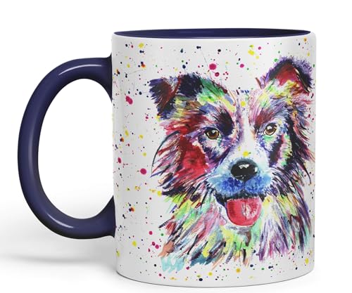 Vixar Border Collie Hund Haustier Tiere Aquarell Art Farbig 330ml Tasse Tasse Geschenk Geburtstag Arbeit Büro Tee Kaffee (Marineblau) von Vixar