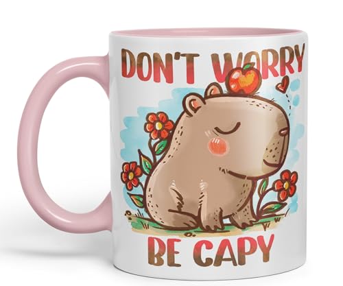 Vixar Capybara Keramiktasse mit Aufschrift Don't Worry Be Capy, Kawaii-Witz, farbig, Geschenk, 330 ml, für Arbeit, Büro, Tee, Kaffee (Rosa) von Vixar