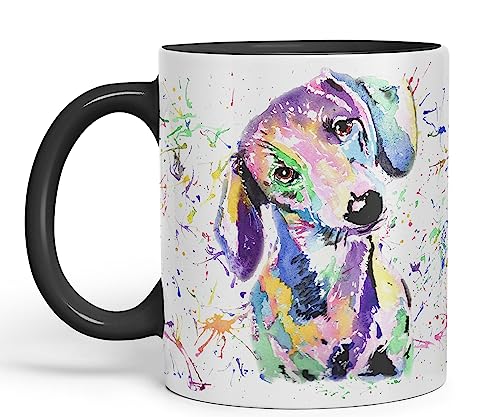 Vixar Dackel Hund Wurst Wiener Dachs Haustier Aquarell Regenbogen Kunst Farbige Tasse Tasse Geschenk Geburtstag Arbeit Büro Weihnachten Tee Kaffee (Schwarz) von Vixar