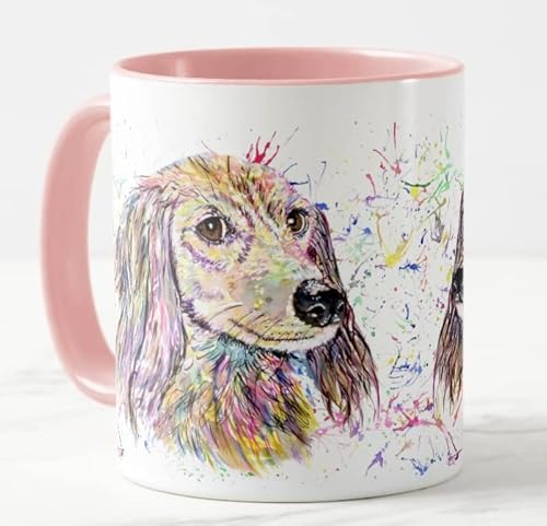 Vixar Dackel langhaarige Wurst Wierner Hund Haustier Aquarell Kunst farbige Tasse Tasse Geschenk Geburtstag Arbeit Büro Weihnachten Tee Kaffee (Rosa) von Vixar
