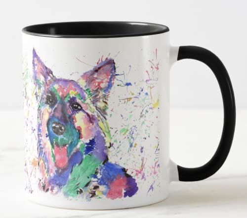 Vixar Deutscher Schäferhund Haustier Aquarell Regenbogen Kunst Farbige Tasse Tasse Geschenk Geburtstag Arbeit Büro Weihnachten Tee Kaffee (Schwarz) von Vixar