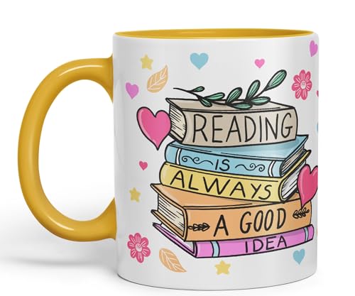 Vixar Farbige Keramiktasse mit Aufschrift "Reading is Always a Good Idea", für Arbeit, Büro, Tee, Kaffee, 330 ml, Gelb von Vixar