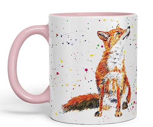 Vixar Fox British Wildlife handbemaltes Design Aquarellkunst farbige Tasse Tasse Geschenk Geburtstag Arbeit Büro Weihnachten Tee Kaffee (Rosa) von Vixar
