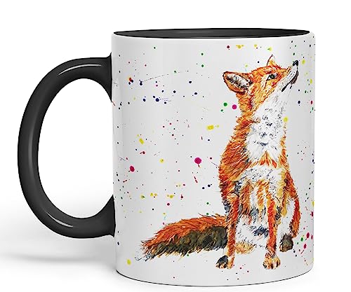 Vixar Fox British Wildlife handbemaltes Design Aquarell Kunst farbige Tasse Geschenk Geburtstag Arbeit Büro Weihnachten Tee Kaffee (schwarz) von Vixar