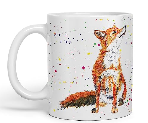 Vixar Fox British Wildlife handbemaltes Design Aquarell Kunst farbige Tasse Geschenk Geburtstag Arbeit Büro Weihnachten Tee Kaffee (weiß) von Vixar