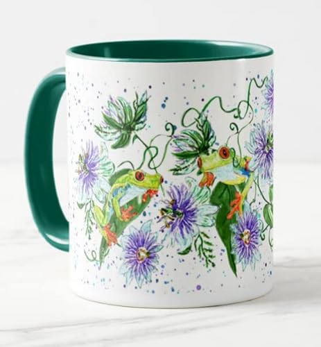 Vixar Frosch in Blumen Passionsblume handbemaltes Design Aquarell Kunst farbige Tasse Tasse Geschenk Geburtstag Arbeit Büro Weihnachten Tee Kaffee (D Grün) von Vixar