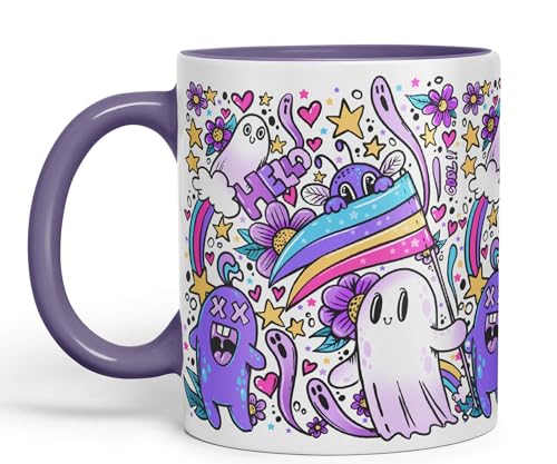 Vixar Hello Cool Kawaii Geister farbige Keramiktasse Geschenk 330 ml Arbeit Büro Tee Kaffee (lila) von Vixar