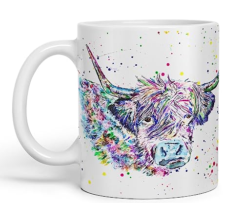 Vixar Highland Cow Scottish Farm Animals Aquarell Art Farbige Tasse Tasse Geschenk Geburtstag Arbeit Büro Tee Kaffee (weiß) von Vixar