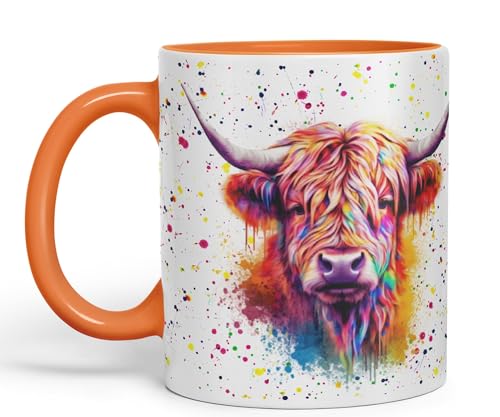 Vixar Highland Cow Scottish Farm Animals Watercolour Art Coloured 330ml Mug Cup Gift Birthday Work Office Tea Coffee (hc4) (Orange) von Vixar