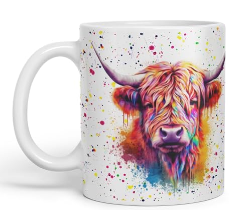 Vixar Highland-Kuh, schottische Bauernhoftiere, Aquarellkunst, bunt, 330 ml, Geschenk, Geburtstag, Arbeit, B?ro, Tee, Kaffee (hc4) (wei?) von Vixar