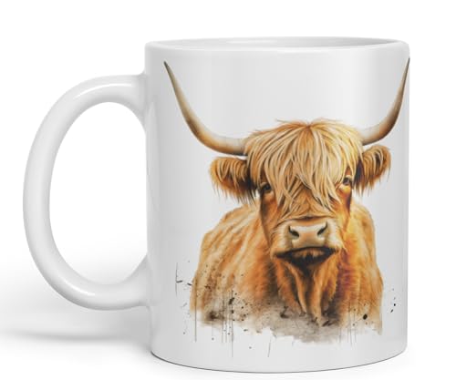 Vixar Highland Cow Scottish Farm Animals Watercolour Art Coloured 330ml Mug Cup Gift Birthday Work Office Tea Coffee (hc5) (White) von Vixar