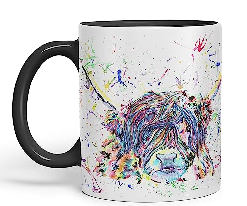 Vixar Highland Cow Scottish Farm Tier Aquarell Regenbogen Kunst Farbige Tasse Tasse Geschenk Geburtstag Arbeit Büro Weihnachten Tee Kaffee (Schwarz) von Vixar