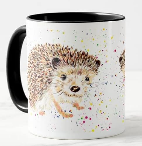 Vixar Igel British Wildlife handgemaltes Design Aquarellkunst farbige Tasse Tasse Geschenk Geburtstag Arbeit Büro Weihnachten Tee Kaffee (schwarz) von Vixar