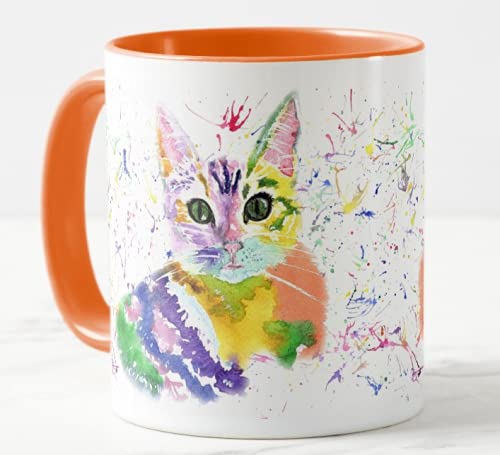 Vixar Kätzchen Katze Aquarell Regenbogen Kunst Farbige Tasse Geschenk Geburtstag Arbeit Büro Weihnachten Tee Kaffee (Orange) von Vixar