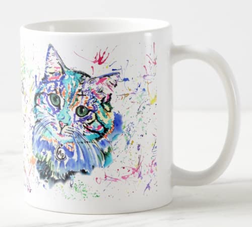 Vixar Katze blaue Katzen-Tasse, Aquarell, Regenbogenkunst, farbige Tasse, Geschenk, Geburtstag, Arbeit, Büro, Weihnachten, Tee, Kaffee (weiß) von Vixar