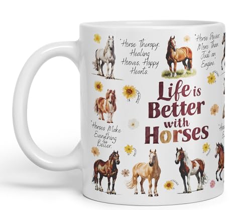 Vixar Keramiktasse "Life is better with Horses", für Tee, Kaffee, Heißbrühen, 330 ml, Geschenk (weiß) von Vixar