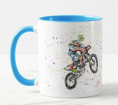 Vixar Motorcross Sport handbemaltes Design Aquarell Kunst farbige Tasse Tasse Geschenk Geburtstag Arbeit Büro Weihnachten Tee Kaffee (L blau) von Vixar