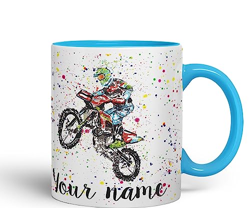 Vixar Personalisierte Keramiktasse mit Ihrem Text Motocross Motorrad Motorrad Aquarell Kunst farbige Keramiktasse Tasse Geschenk 330 ml 11oz Custom Work Office Tee Kaffee (L blau) von Vixar