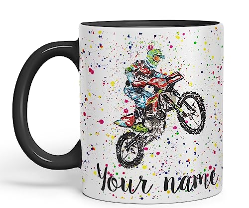 Vixar Personalisierte Tasse mit Ihrem Text Motocross Motorrad Motorrad Aquarell Kunst farbige Keramiktasse Tasse Geschenk 330 ml 11oz Custom Work Office Tee Kaffee (Schwarz) von Vixar