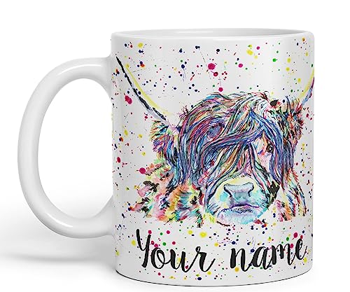 Vixar Personalisierte mit Ihrem Text Highland Cow Scottish Farm Animals Aquarell Art Farbige Tasse Tasse Geschenk Geburtstag Custom Work Büro Tee Kaffee (P01) (weiß) von Vixar