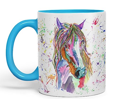 Vixar Pferd Aquarell Regenbogen Kunst Farbige Tasse Geschenk Geburtstag Arbeit Büro Weihnachten Tee Kaffee (L Blau) von Vixar
