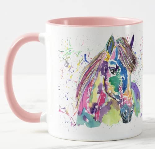 Vixar Pony Horse Pet Aquarell Rainbow Art Farbige Tasse Geschenk Geburtstag Arbeit Büro Weihnachten Tee Kaffee (Rosa) von Vixar