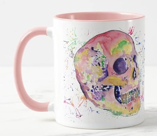 Vixar Skull 2 Aquarellkunst farbige Tasse Tasse Geschenk Geburtstag Arbeit Büro Weihnachten Tee Kaffee (Rosa) von Vixar