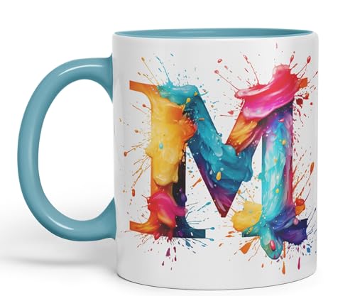 Vixar Tasse mit Buchstabe M, Monogramm, Aquarell, Keramik, farbige Tasse für Tee, Kaffee, Heißgebrüht, 330 ml, Geschenk (Türkis) von Vixar
