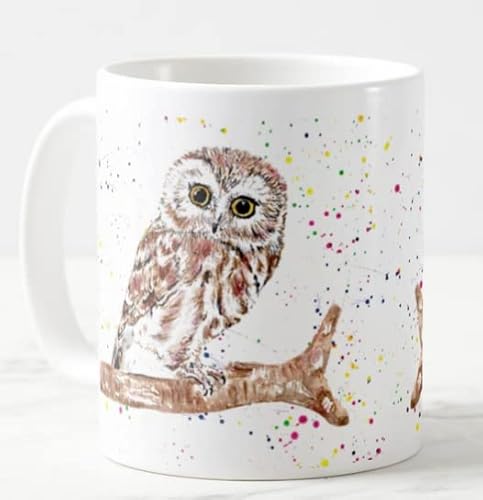 Vixar Tasse, Motiv: Eule, britische Tierwelt, handbemalt, Aquarellkunst, farbige Tasse, Geschenk, Geburtstag, Arbeit, Büro, Weihnachten, Tee, Kaffee (weiß) von Vixar