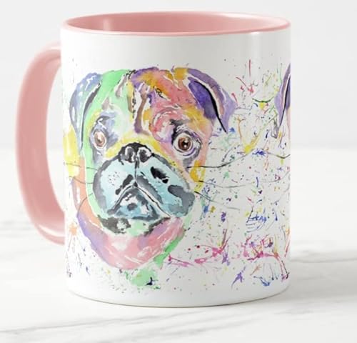 Vixar Tasse mit chinesischem Mops-Motiv, Aquarellkunst, bunt, Geschenk, Geburtstag, Arbeit, Büro, Weihnachten, Tee, Kaffee (Rosa) von Vixar