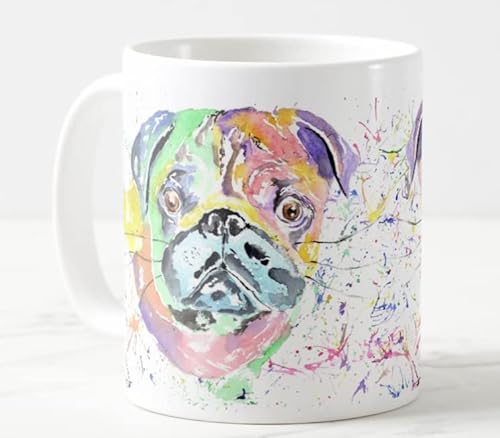 Vixar Tasse mit chinesischem Mops-Motiv, Aquarellkunst, bunt, Geschenk, Geburtstag, Arbeit, Büro, Weihnachten, Tee, Kaffee (weiß) von Vixar