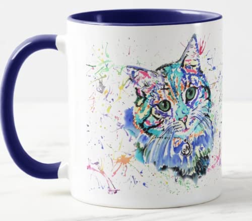 Vixar Katze blaue Katzen-Tasse, Aquarell, Regenbogenkunst, farbige Tasse, Geschenk, Geburtstag, Arbeit, Büro, Weihnachten, Tee, Kaffee (marineblau) von Vixar