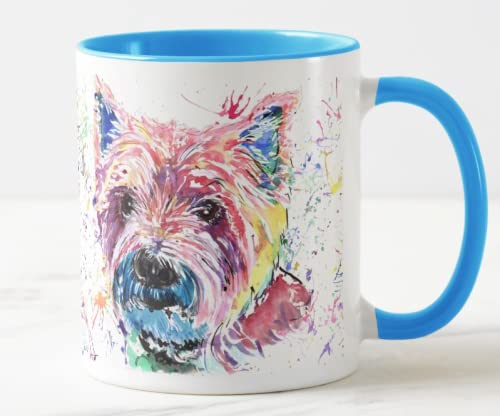 Vixar West Highland Terrier Scottish Pet Aquarell Rainbow Art Farbige Tasse Geschenk Geburtstag Arbeit Büro Weihnachten Tee Kaffee (L blau) von Vixar