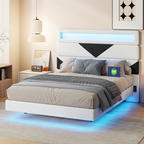 Bett 160x200 cm mit LED-Beleuchtung Bettgestell, Doppelbett mit Massivholz-Lattenrost, Samtmaterial, Schwebebettgestell für Erwachsene mit Beleuchtung, robust und stabil (Weiß, 160x200cm) von VixorLuilith