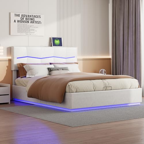 Gepolstertes Bett, Doppelbett,LED-Hydraulikbett, Funktionsbett mit großem Stauraum und USB-Aufladung, Jugendbettgestell mit verstellbarem Kopfteil und Lattenrost, Ohne Matratze (Beige, 140x200cm) von VixorLuilith