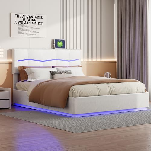 Gepolstertes Bett, Doppelbett,LED-Hydraulikbett, Funktionsbett mit großem Stauraum und USB-Aufladung, Jugendbettgestell mit verstellbarem Kopfteil und Lattenrost, Ohne Matratze (Beige, 160x200cm) von VixorLuilith