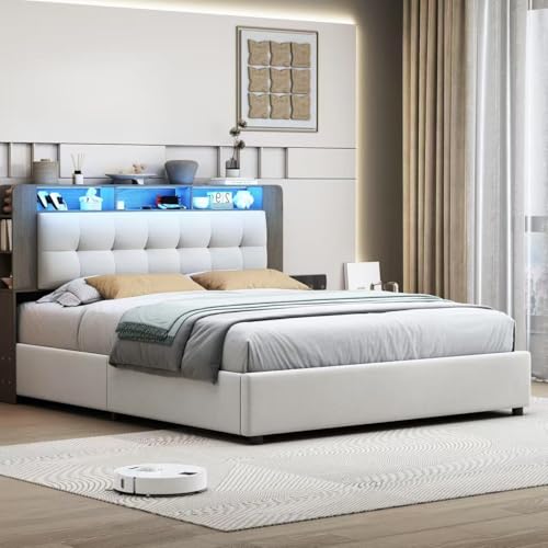 Polsterbett 140x200 cm, Doppelbett mit Stauraum und Lattenrost, Kopfteil mit kabelloser Ladefunktion und Ablagefächern, Komfortrückenlehne, Jugendbett mit LED-Lichtleiste(Beige, 140x200cm) von VixorLuilith