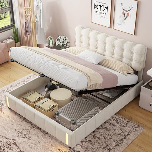 Polsterbett 140x200 cm mit Sensorlicht, Doppelbett mit Stauraum und Lattenrost, süßes weiches Kopfteil, Jugendbett, Bettgestell aus Samt, Kastenbett mit Holzlattenrost, Beige,ohne Matratze (140x200cm) von VixorLuilith