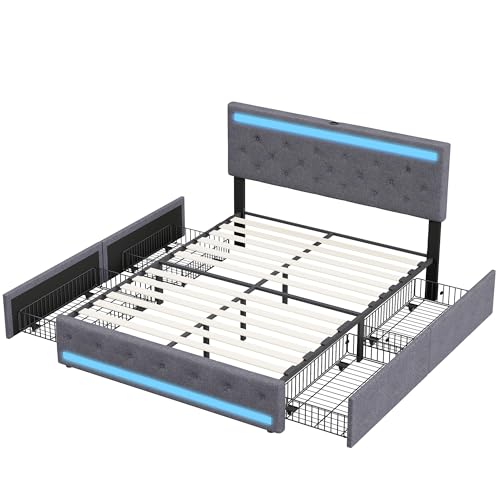 Polsterbett 140x200cm, Doppelbett mit USB-Ladefunktion und LED-Kopfteil, Stauraumbett mit Lattenrost, Funktionsbett mit 4 großen Schubladen, Matratze nicht im Lieferumfang enthalten (140x200cm) von VixorLuilith