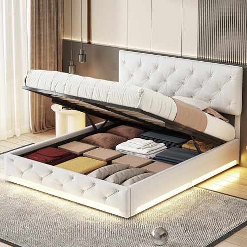 Polsterbett 160x200cm mit LED-Beleuchtung, Doppelbett Bettgestell mit Holz Lattenrost und verstellbares Kopfteil, Hydraulisches Funktionsbett mit Stauraum, Bettrahmen,ohne Matratze ,Beige (160x200cm) von VixorLuilith