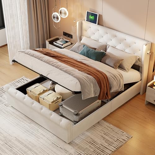 Polsterbett Doppelbett 160x190 cm, Jugendbett mit Leselicht, Hydraulisch Stauraumbett, Funktionsbett mit Stauraum & Lattenrost, Kopfteil mit USB-Ladefunktion & Staufach. Ohne Matratze, Beige von VixorLuilith