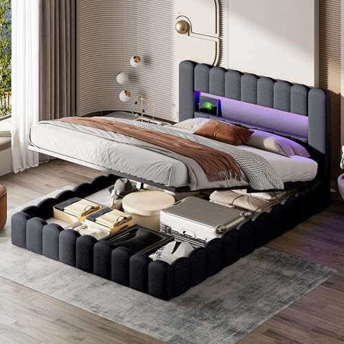 Doppelbett 160x200 cm, Polsterbett mit USB-Ladefunktion, Stauraumkopfteil und LED-Beleuchtung, Kastenbett mit Lattenrost, für Erwachsene und Jugendliche geeignet, ohne Matratze (Dunkelgrau, 160x200cm) von VixorLuilith